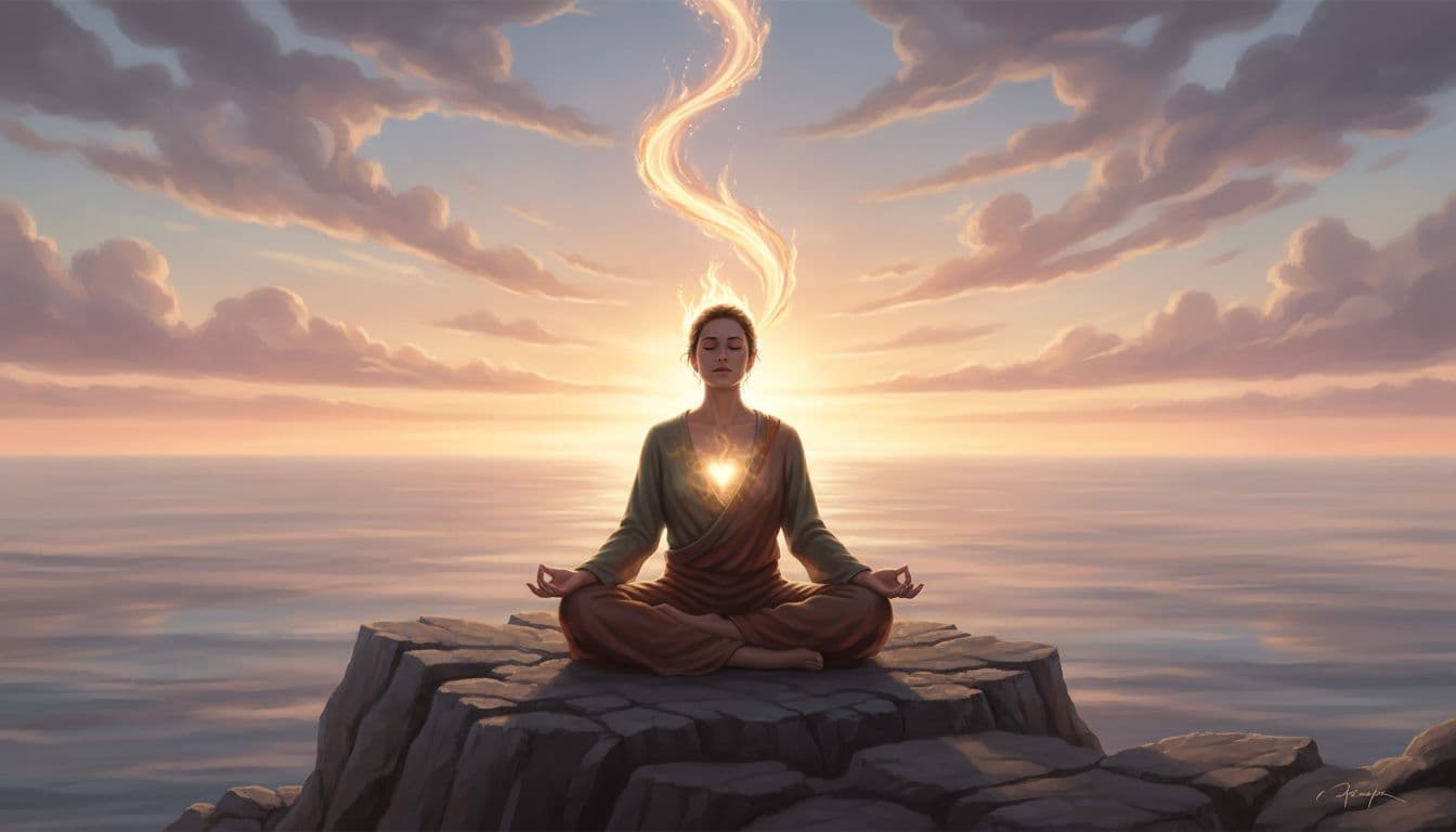 Person sits in meditation pose on rocky cliff overlooking calm ocean at dawn, golden light from heart forming two intertwined flames in sky.