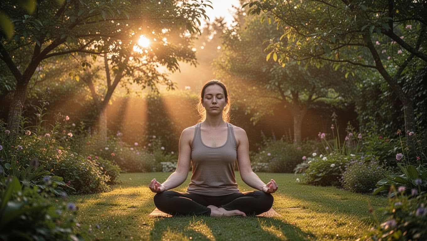 Person sits cross-legged meditating in quiet garden at dawn, soft light through trees.