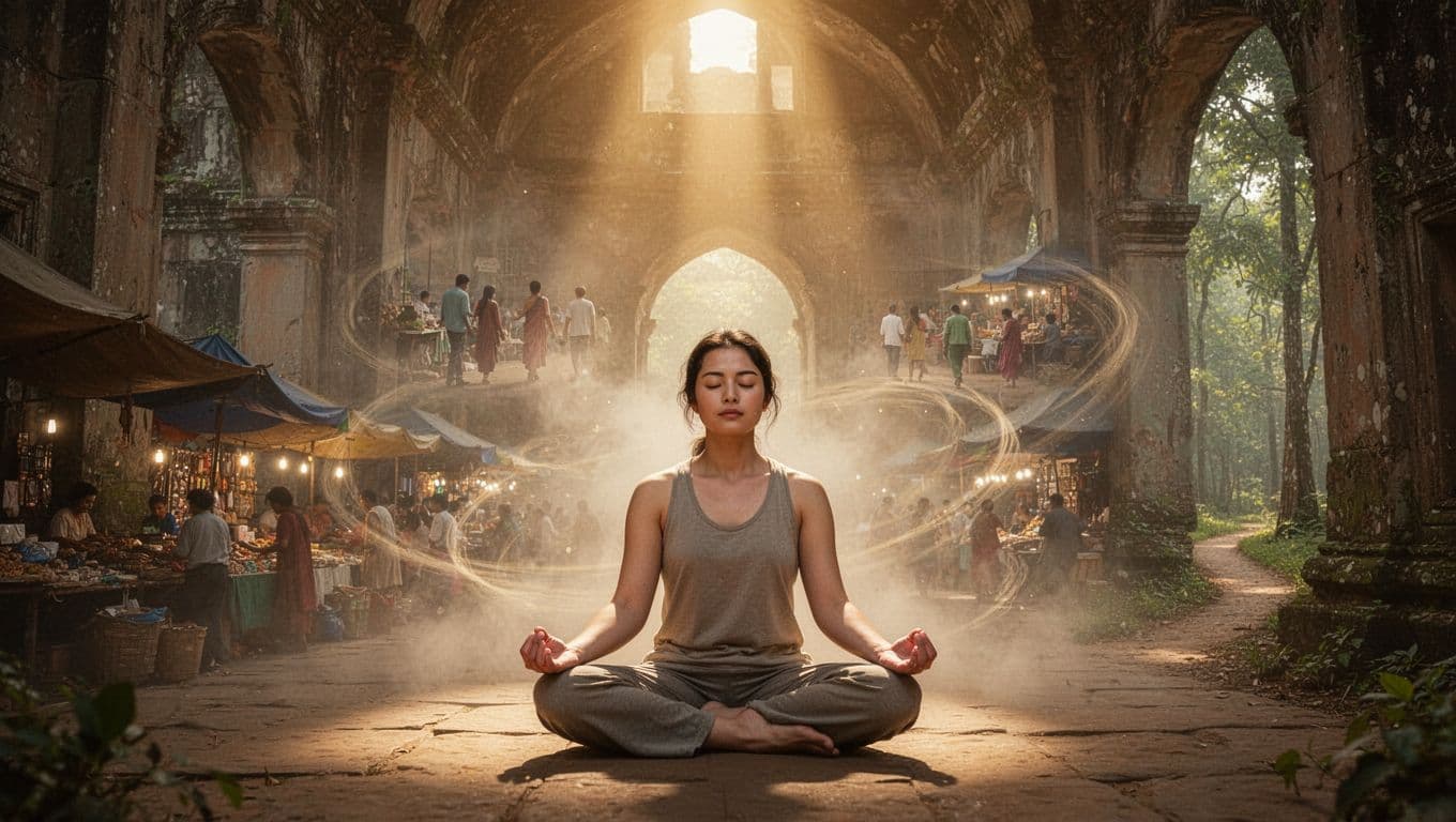 Serene person sits cross-legged in a misty ancient temple, eyes closed in meditation with faint ethereal visions of past scenes subtly overlapping around them, illuminated by warm golden light in a painterly spiritual style.