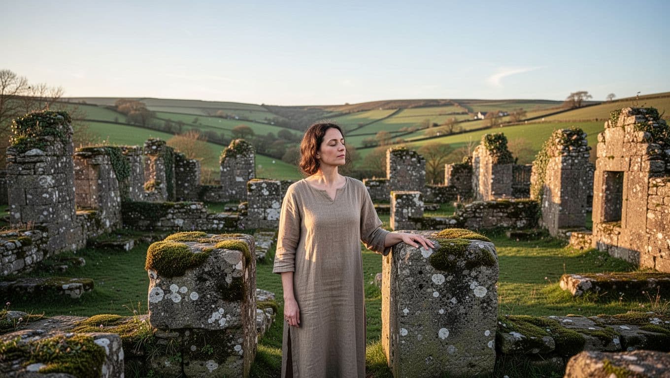 A solitary adult woman in simple clothes stands at moss-covered ancient stone ruins in a green valley under a clear golden hour sky, one hand resting on the stone with eyes closed in deep familiarity and reflection.