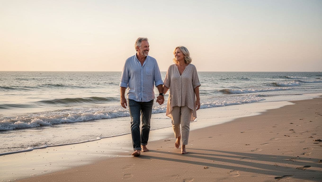 Middle-aged couple walks hand in hand along calm beach at dawn with gentle waves and long shadows.