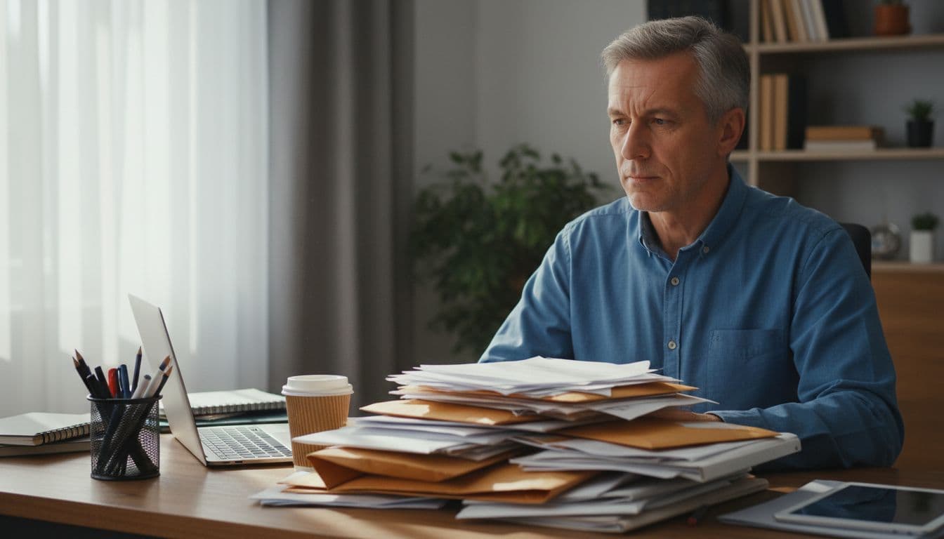 Middle-aged man at home office desk stares at stack of unopened envelopes and bills among papers and laptop, with subtle stress but composed posture under natural window light.