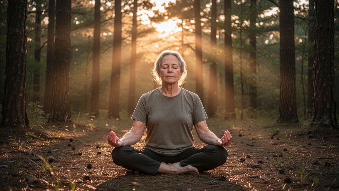 Middle-aged person sits cross-legged in forest clearing at dawn, eyes closed, palms up on knees, light rays on face.