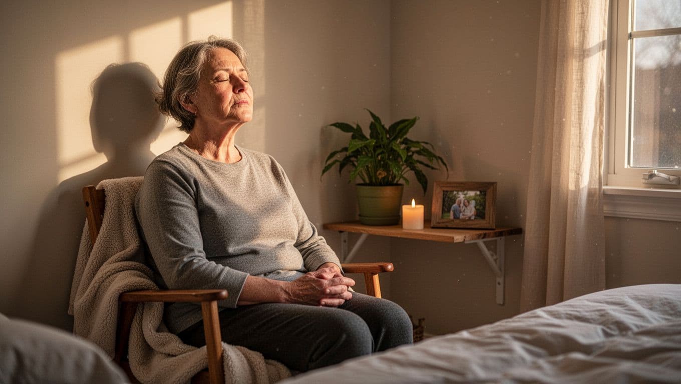 A middle-aged person sits with relaxed posture in a simple bedroom corner sacred space featuring a wooden chair, small shelf with plant and candle, personal photo frame, and soft blanket, bathed in warm afternoon light, eyes closed in calm reflection.