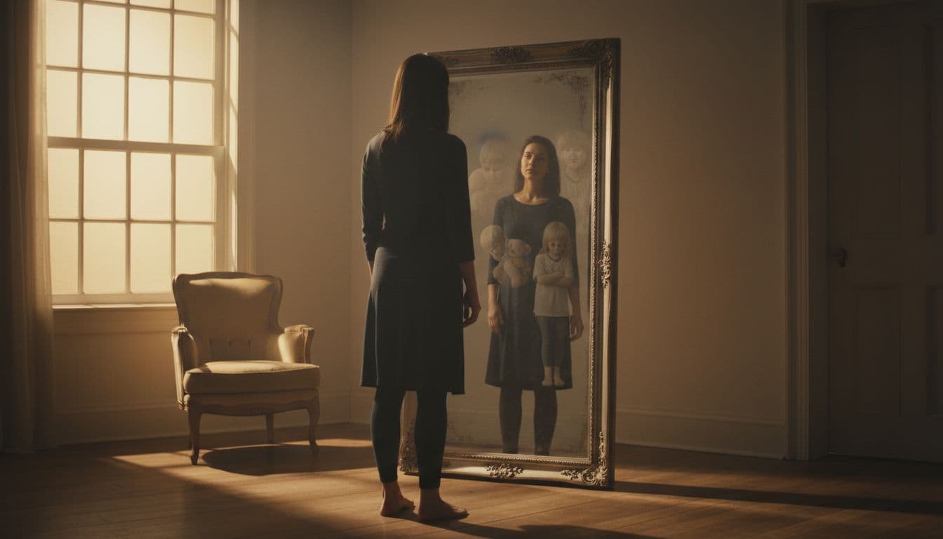 A solitary person stands before a tall antique mirror in a softly lit room, reflection subtly showing faint shadowy outlines of childhood figures symbolizing old pain, with warm golden light filtering through a window.