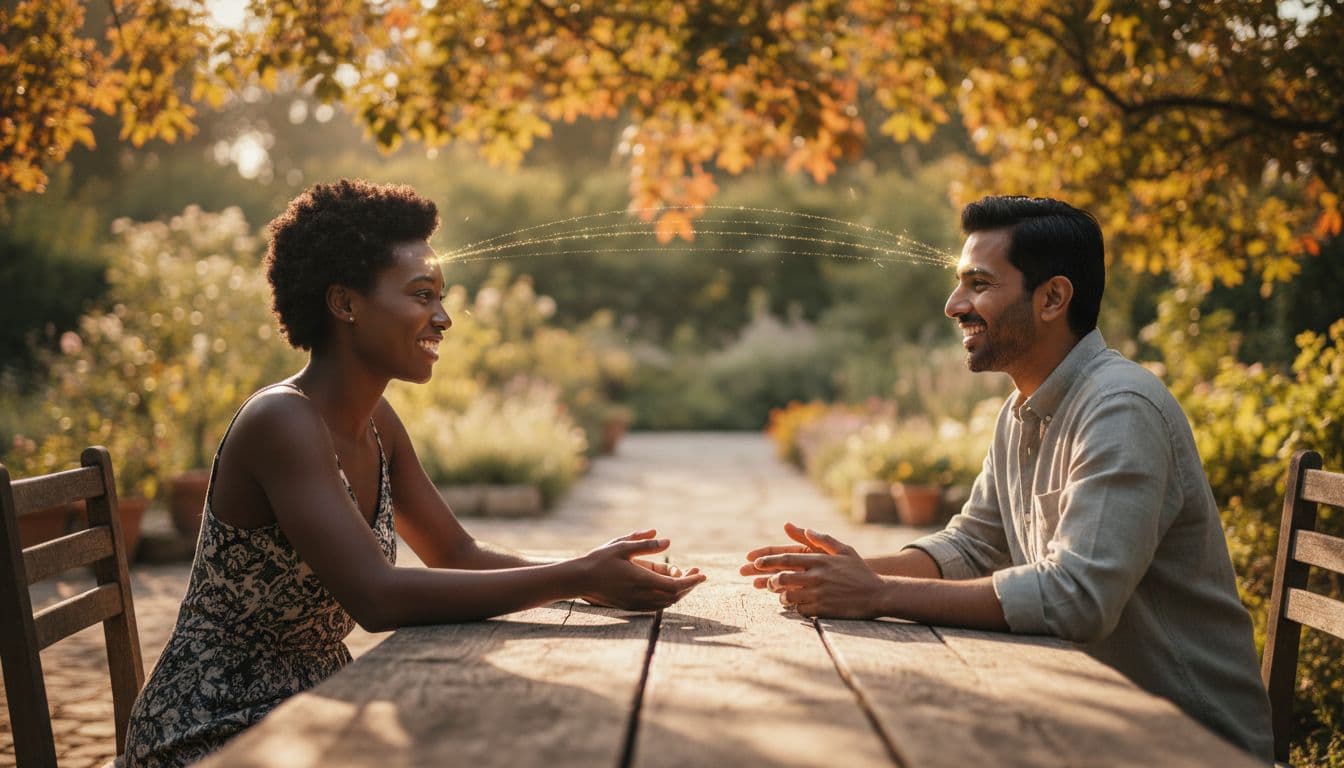 Two diverse adults sit across a wooden table outdoors at golden hour, deeply engaged in conversation with subtle light sparks symbolizing mental connection and relaxed hand gestures.