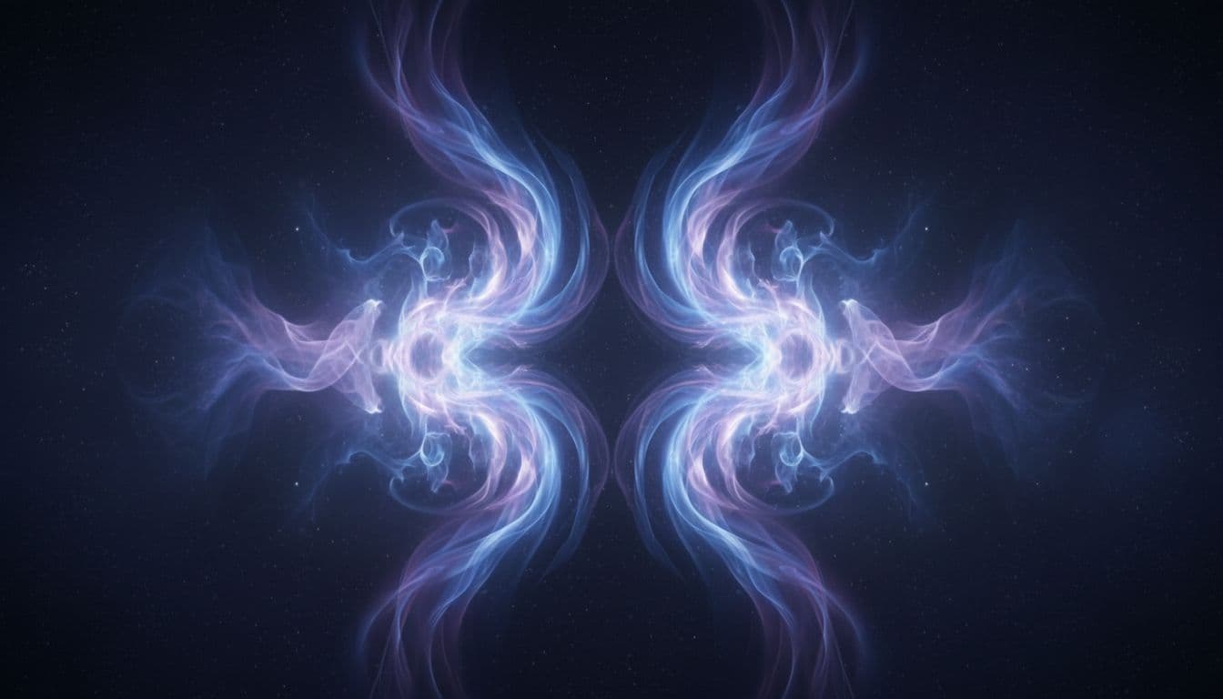Two symmetrically positioned glowing ethereal flames mirror each other against a dark cosmic background with subtle stars, in a mystical digital art style with soft blue and purple hues and serene atmosphere.