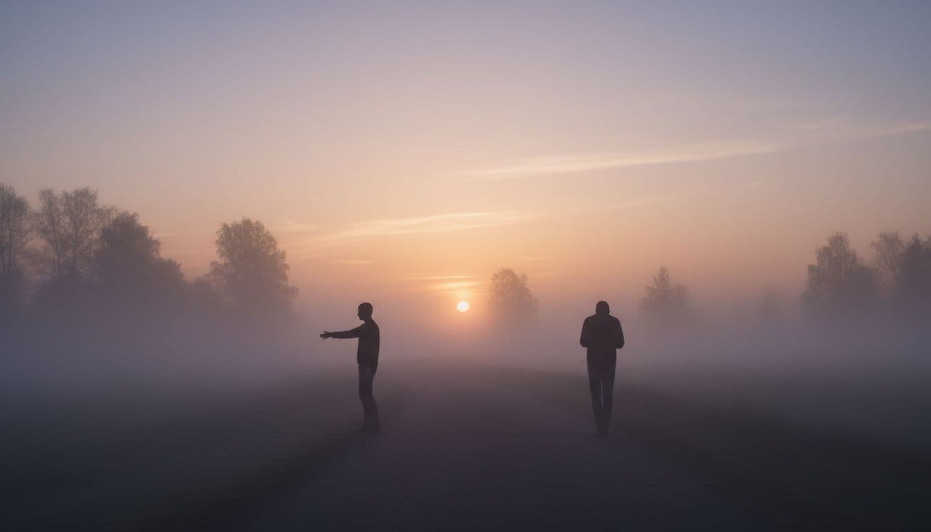 Silhouette of a couple standing far apart on a misty path at sunset, one reaching out while the other turns away, symbolizing mismatch.