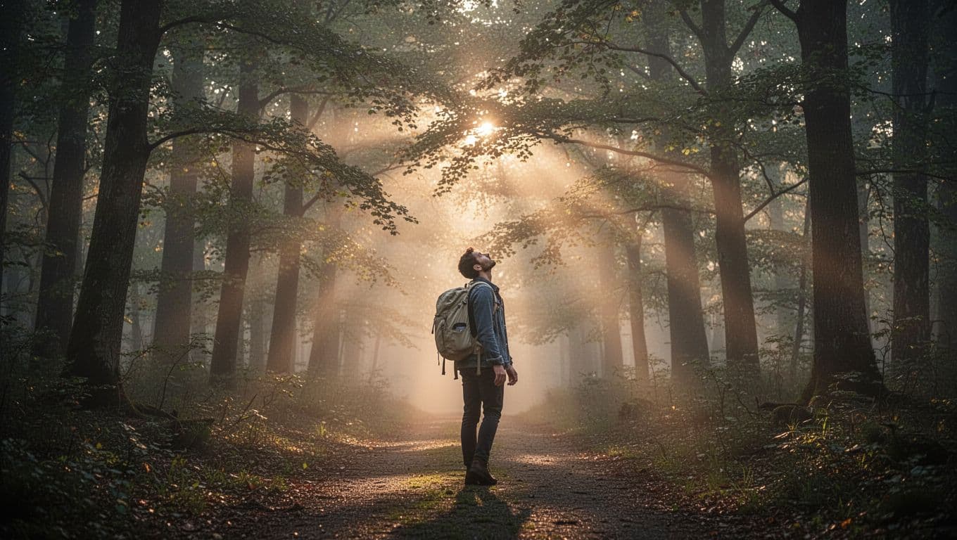 A lone person walks slowly along a misty path in an ancient forest during early morning, carrying a light backpack and looking upward thoughtfully, with dappled sunlight filtering through leaves for a serene sense of renewal.