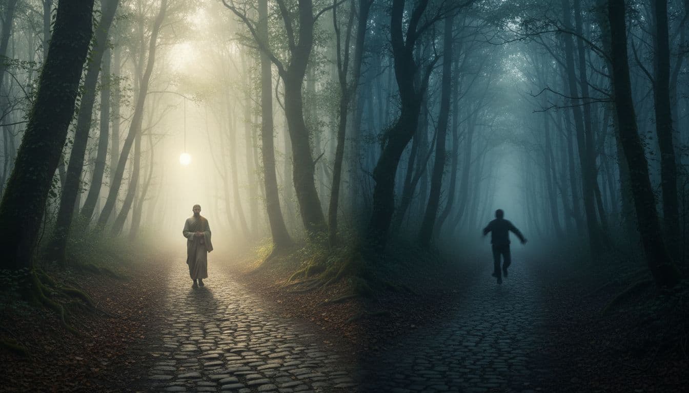 Two diverging paths in a misty forest: one leads to light with a serene figure walking in self-reflection, the other to shadows with a fleeing silhouette, under soft morning light filtering through trees.