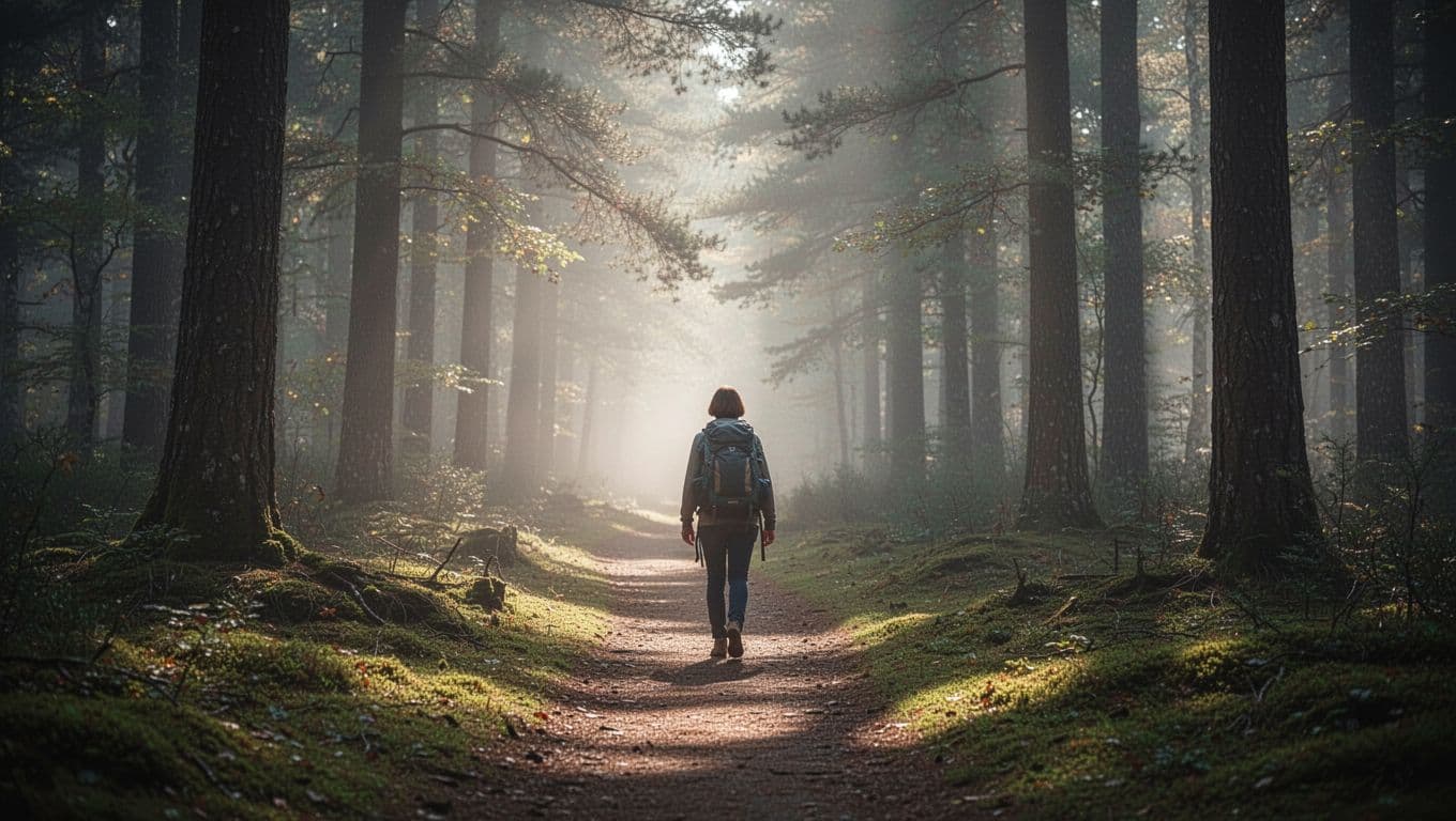 A serene path winds through a misty forest towards a glowing light at the end, with one person walking alone carrying a backpack, hands relaxed, in a hopeful yet introspective painterly style.