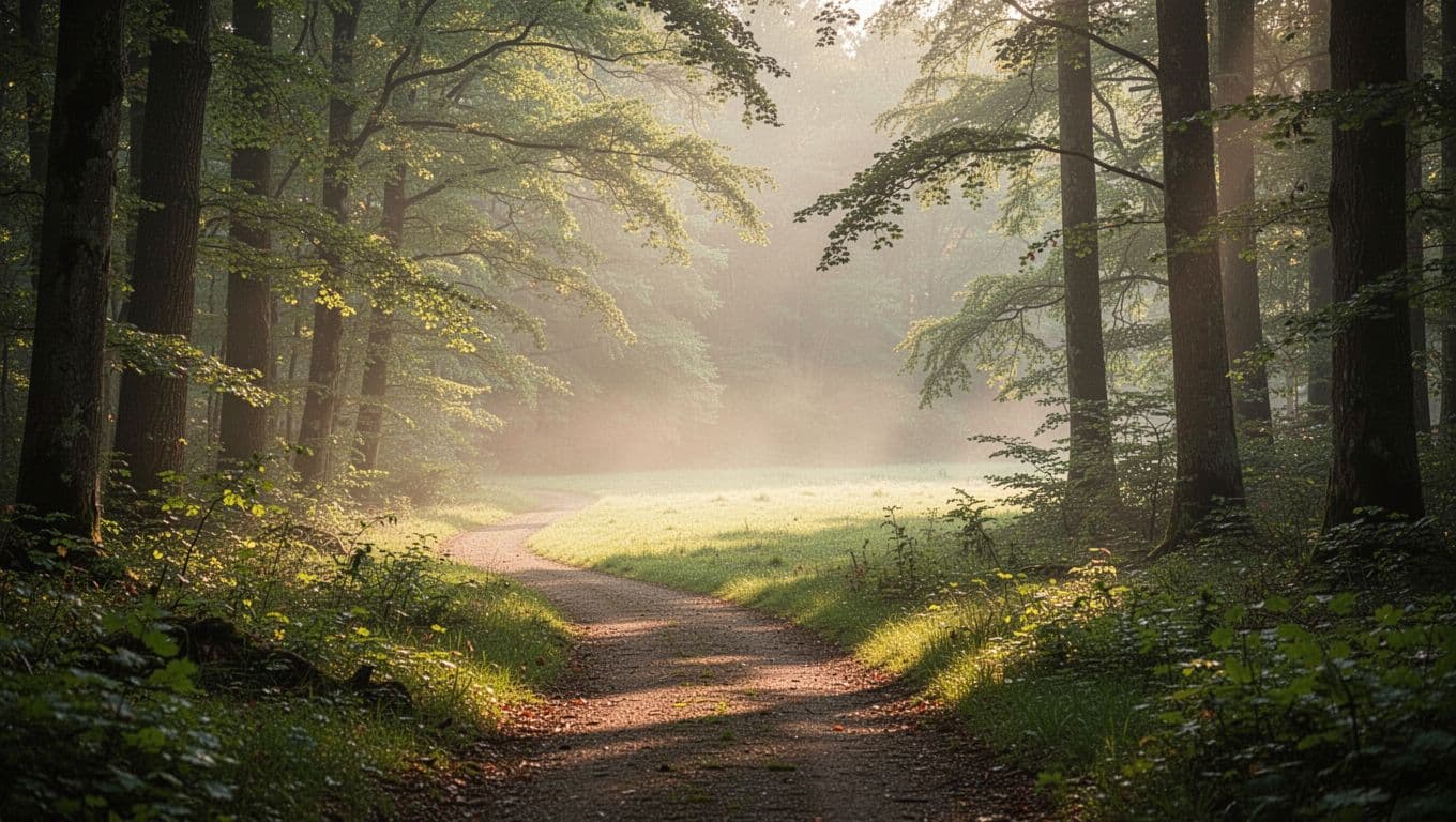Gentle path through misty forest leads to open sunlight and green trees.