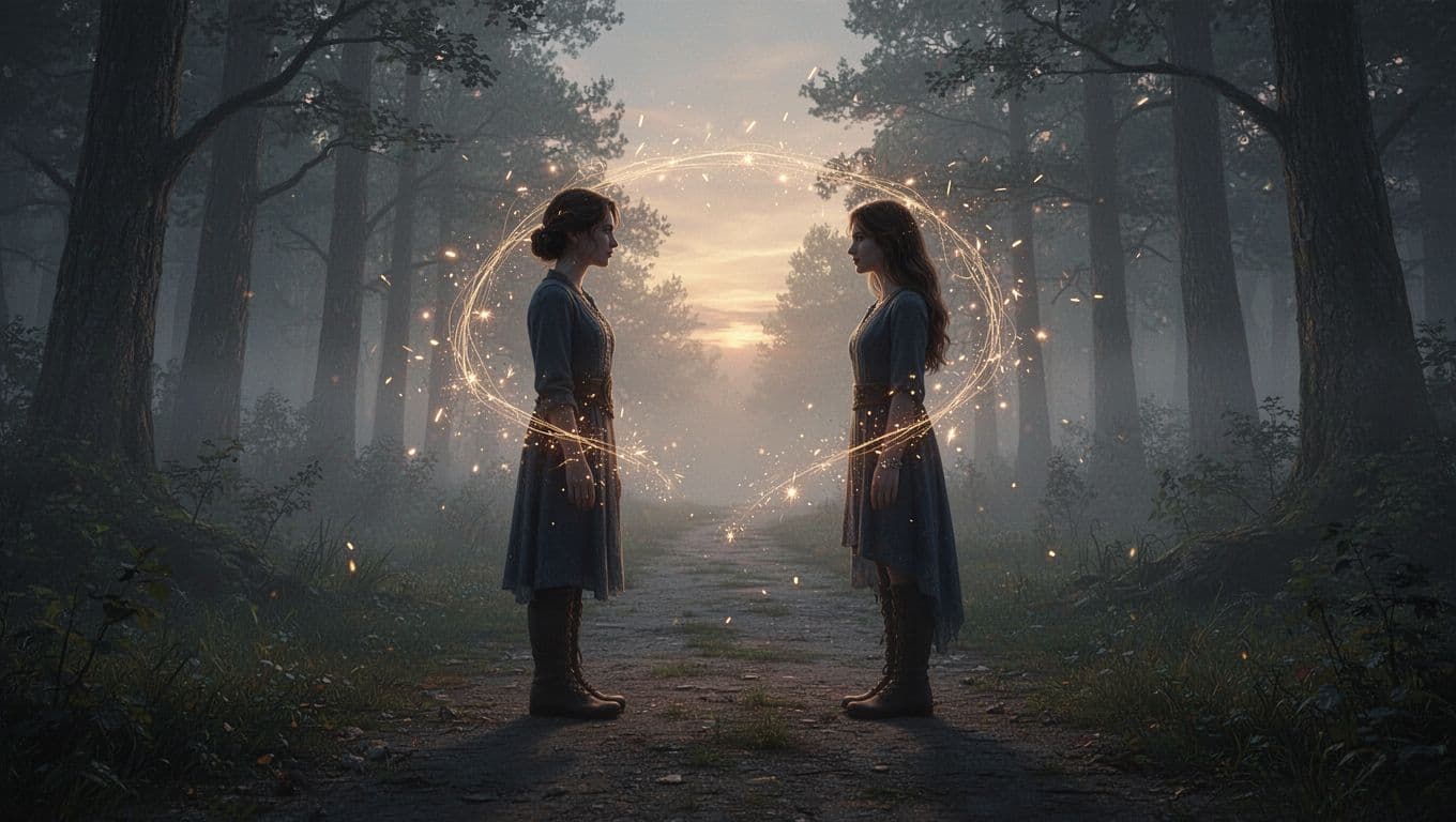Two silhouetted figures lock eyes across a misty forest path at dawn, with light sparks between them.