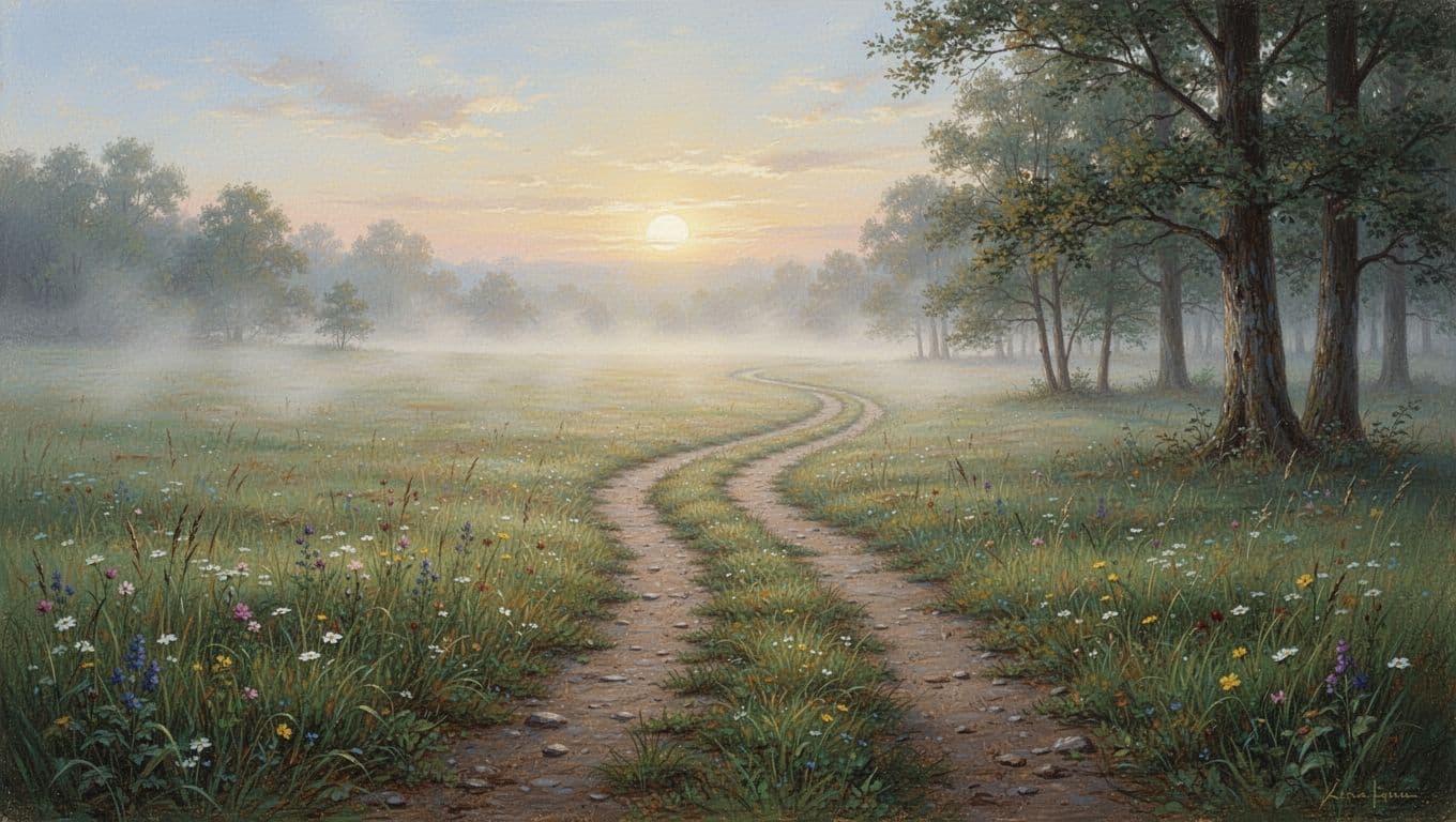Two diverging paths in a misty meadow, one leading to a bright horizon and the other to quiet woods, symbolizing choice in separation as redirection rather than an end, in a painterly style with soft natural lighting.