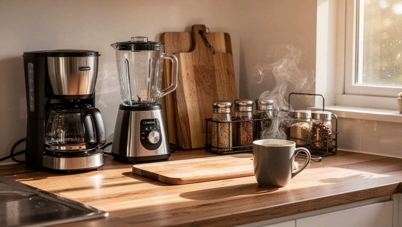 Wooden countertop displays coffee maker, blender, cutting board, spice rack, and steaming mug in morning light.