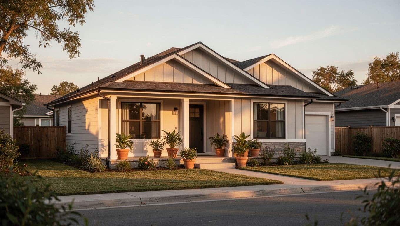 Modern single-family house with cozy front porch and potted plants in suburban neighborhood at golden hour.