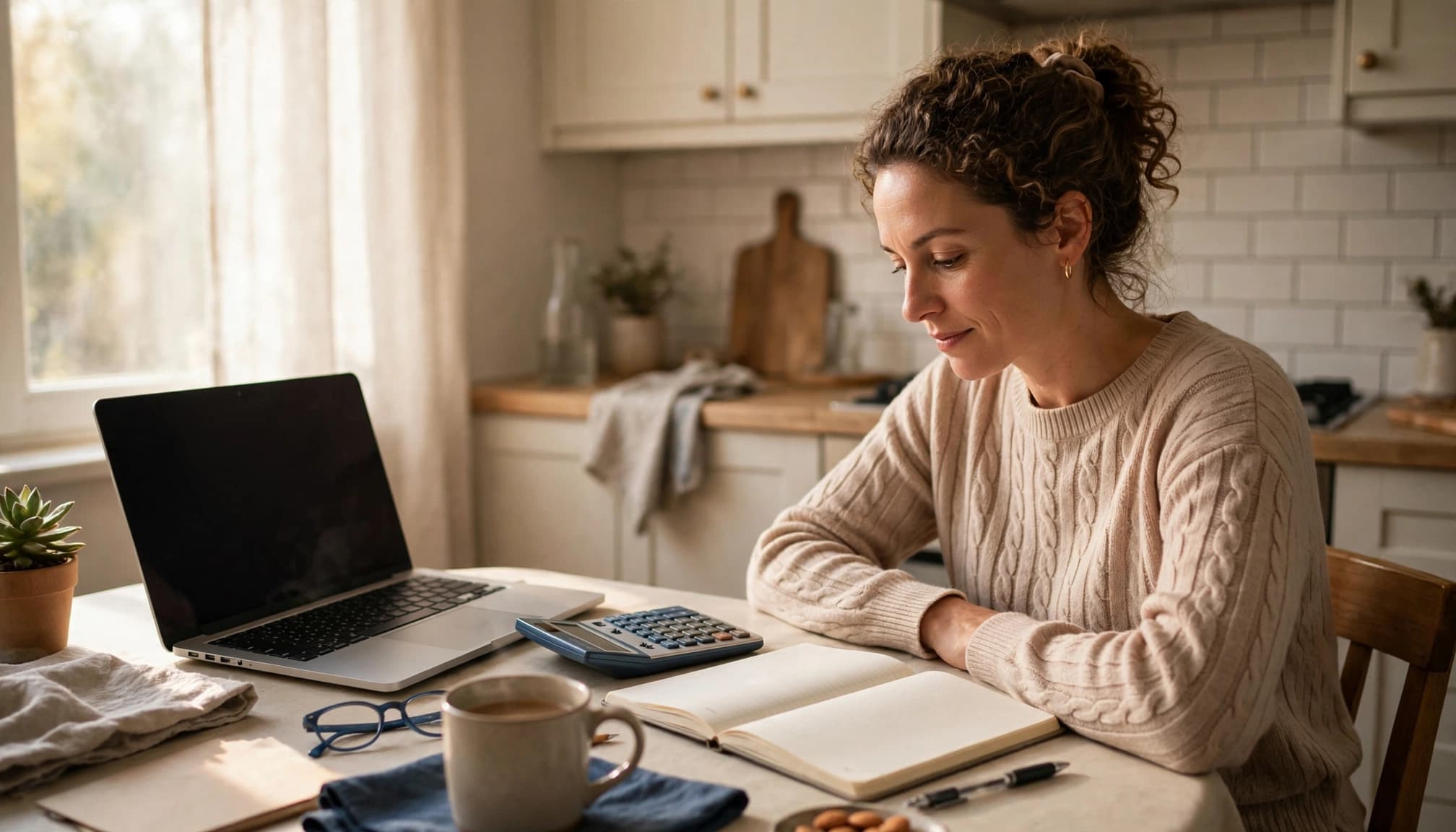 Person reviewing a household budget with a laptop, calculator, notebook, and coffee.