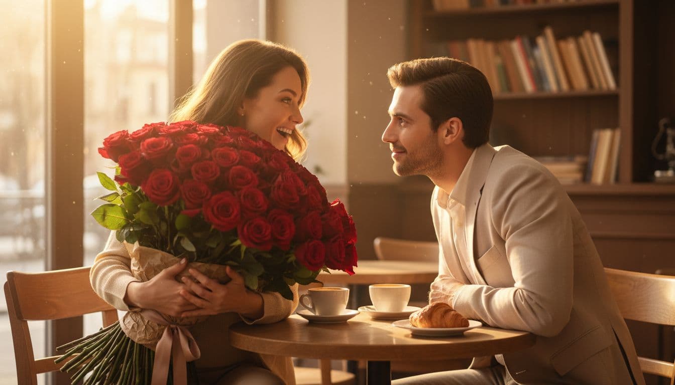 A smiling woman in her 30s receives a large bouquet of red roses from a charming man in a sunlit cozy cafe, illustrating the initial intense flattering attention phase before the mask slips.