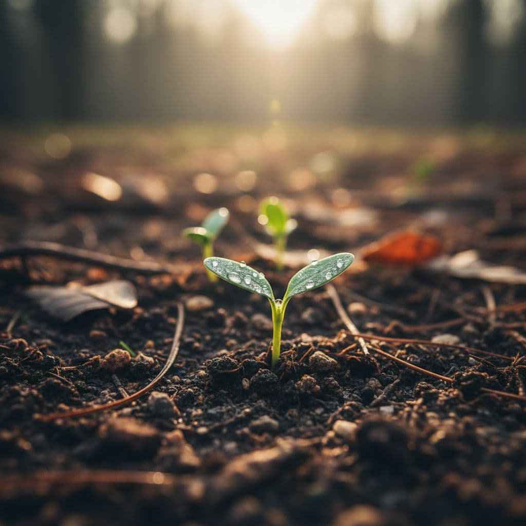 A small green seedling emerges from dark soil bathed in soft morning light.