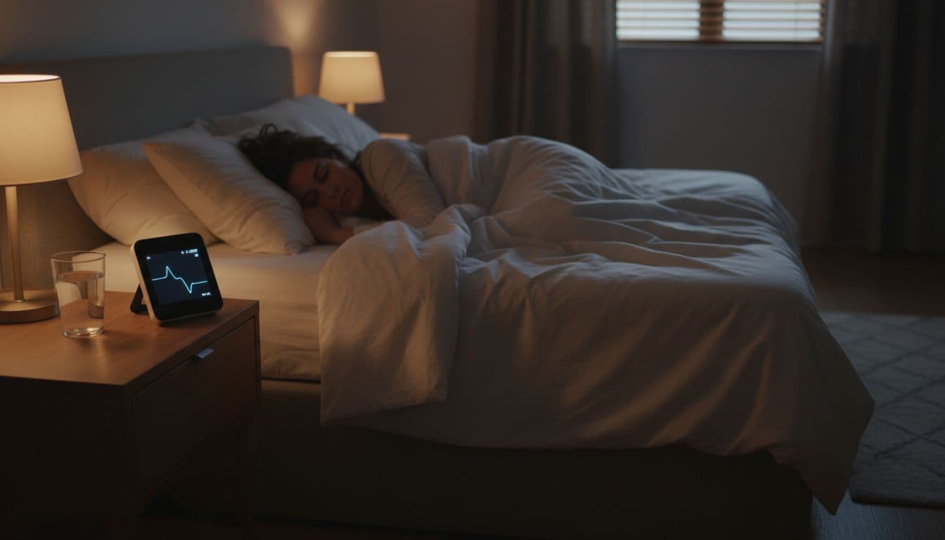 Blood sugar meter on nightstand next to glass of water, displaying subtle wave graph dip and rise, person sleeping soundly in dimly lit nighttime bedroom, realistic photo.