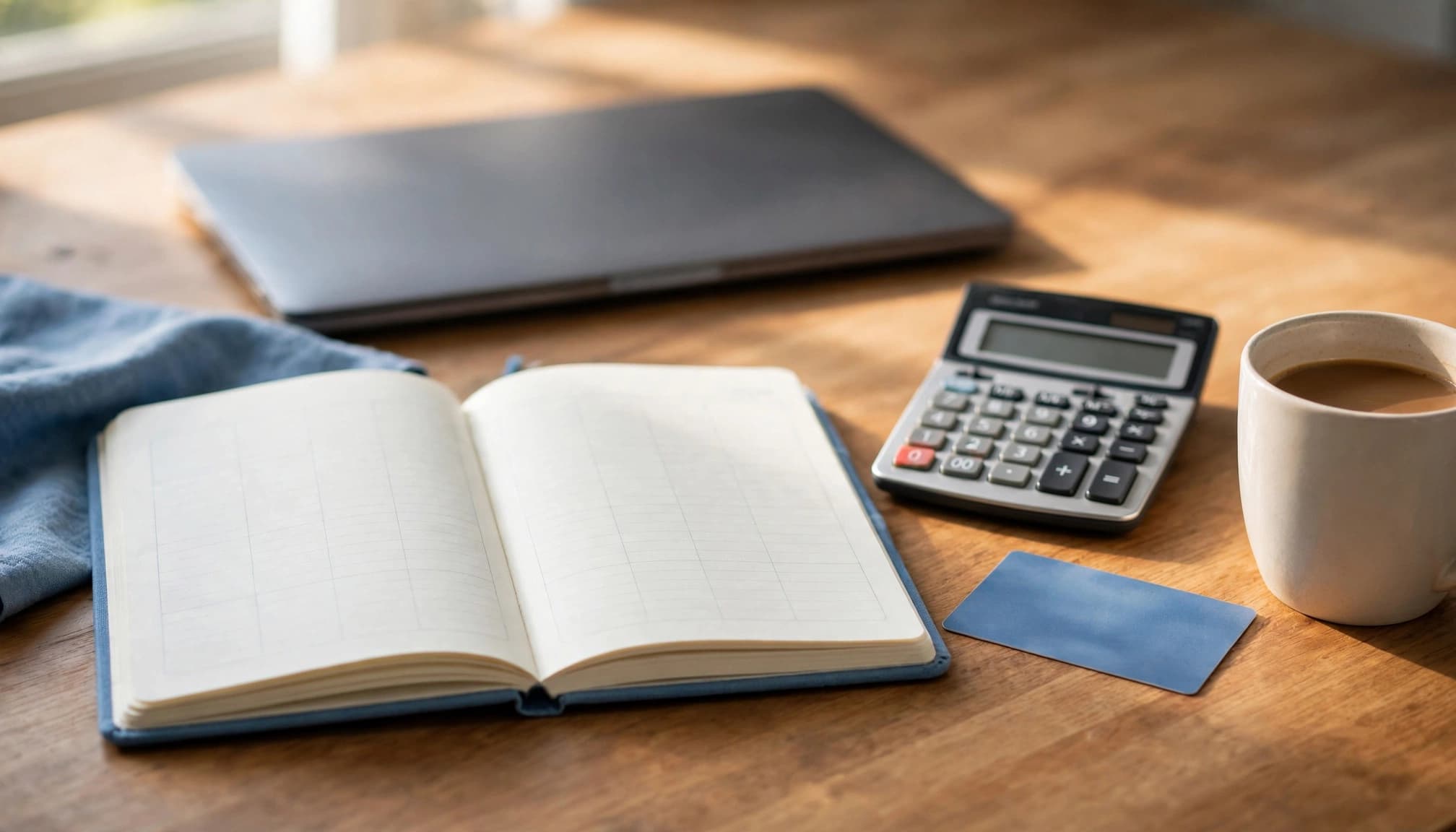Open notebook beside a calculator, debit card, and coffee mug on a home desk.