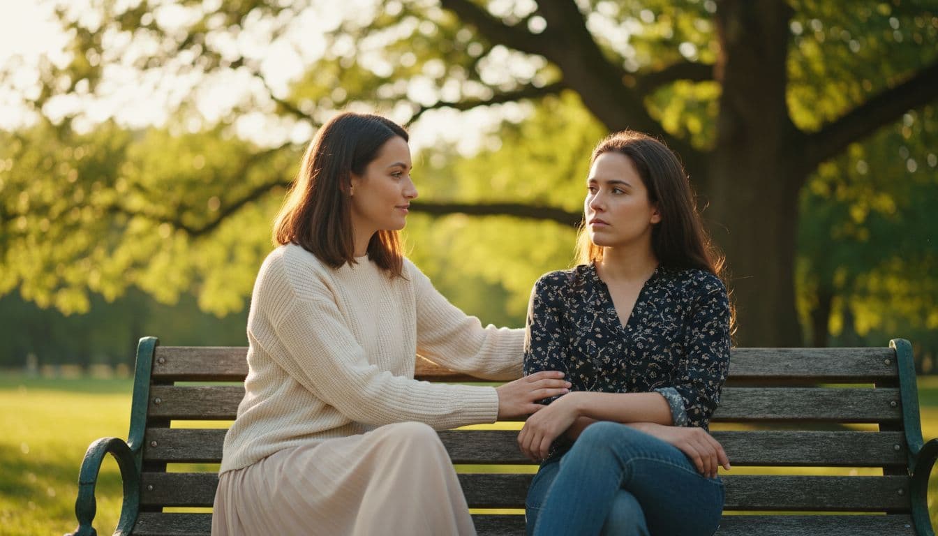 Two women sit facing each other on a park bench in a green setting with trees in soft focus; one offers empathetic comfort by leaning forward and gently touching the other's arm, while the other appears distant and gazes away, captured in realistic photography with warm afternoon sunlight.