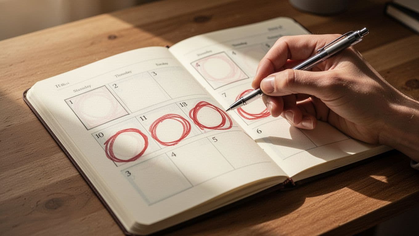 Open calendar on wooden desk with dates 13, 14, 16, 19 circled in red; hand holds pen pointing to one.