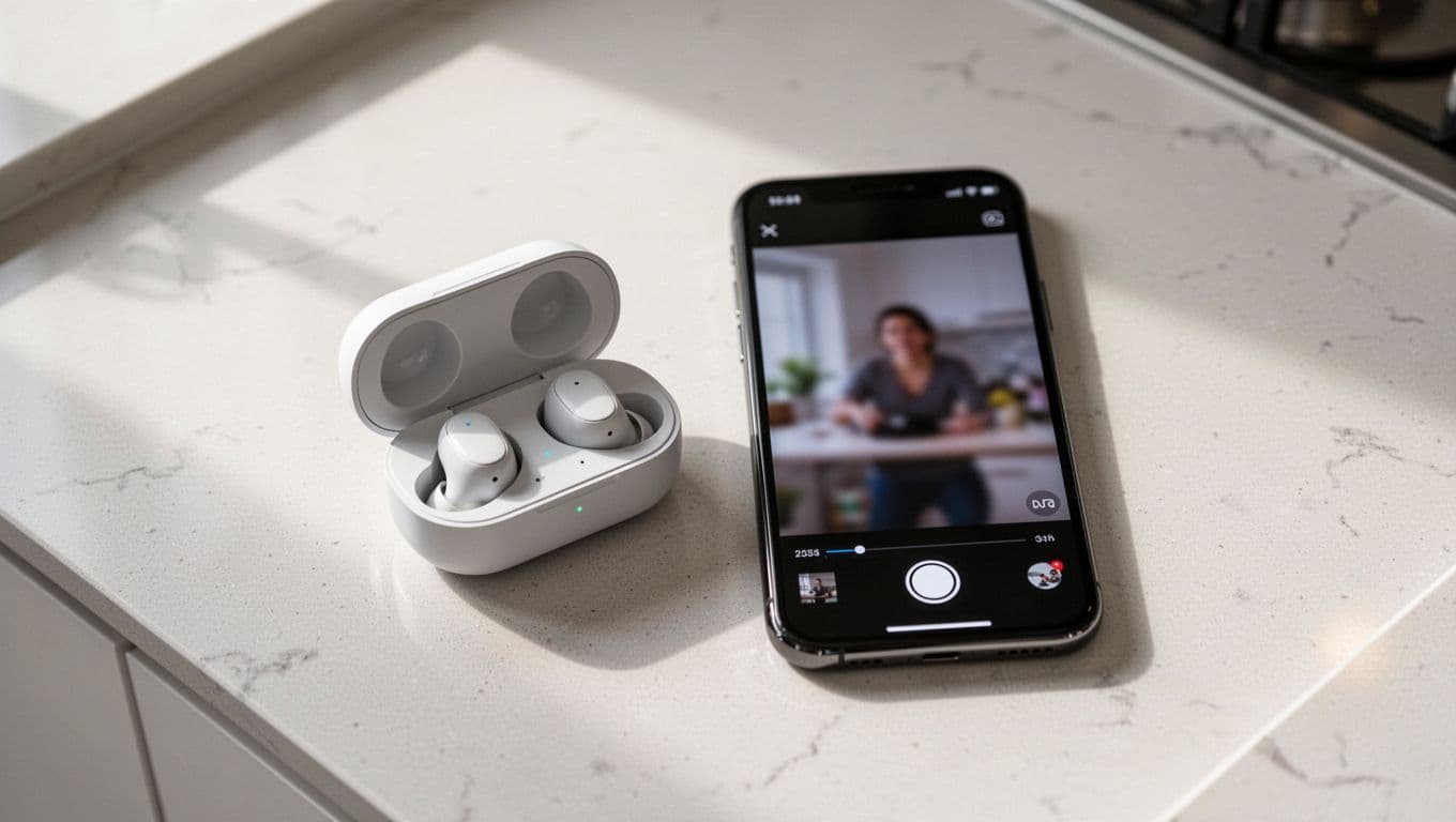 Open wireless earbuds case next to smartphone with blurred TikTok product review thumbnail on kitchen counter.