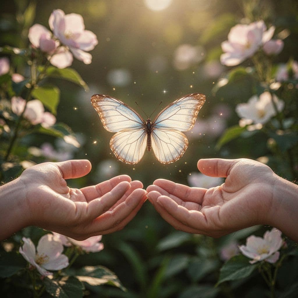 Close-up of open hands releasing a glowing butterfly into a sunlit garden with soft-focused petals and leaves, symbolizing release, freedom, and letting go.
