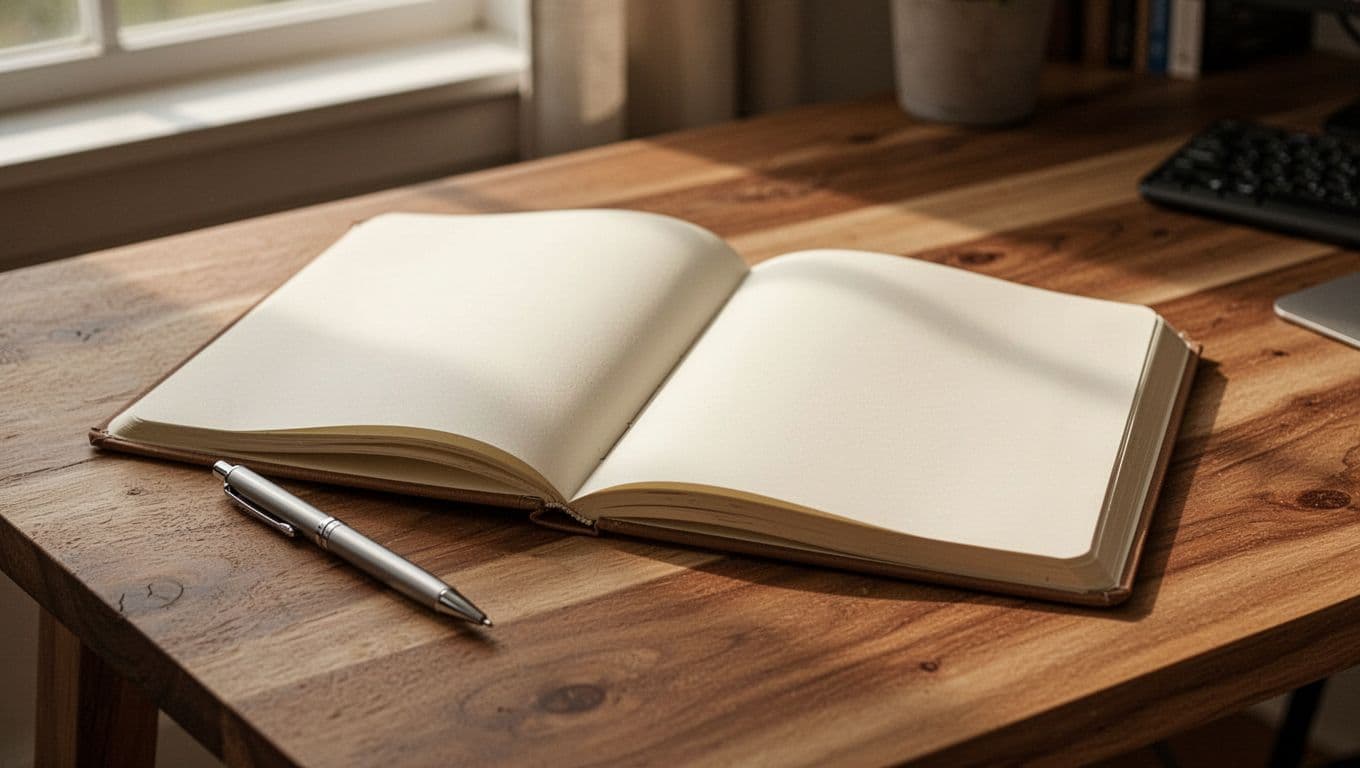 Close-up of an open journal on a wooden table with a pen nearby, illuminated by soft window light on blank pages in a cozy home office setting with warm tones, photorealistic and no people or extra items.