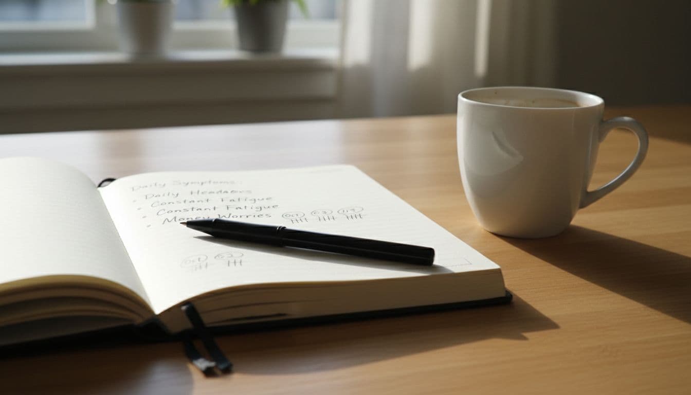 Open journal on a wooden kitchen table bathed in morning light, featuring handwritten notes listing repeated symptoms such as daily headaches and fatigue, with a simple pen and coffee mug nearby.