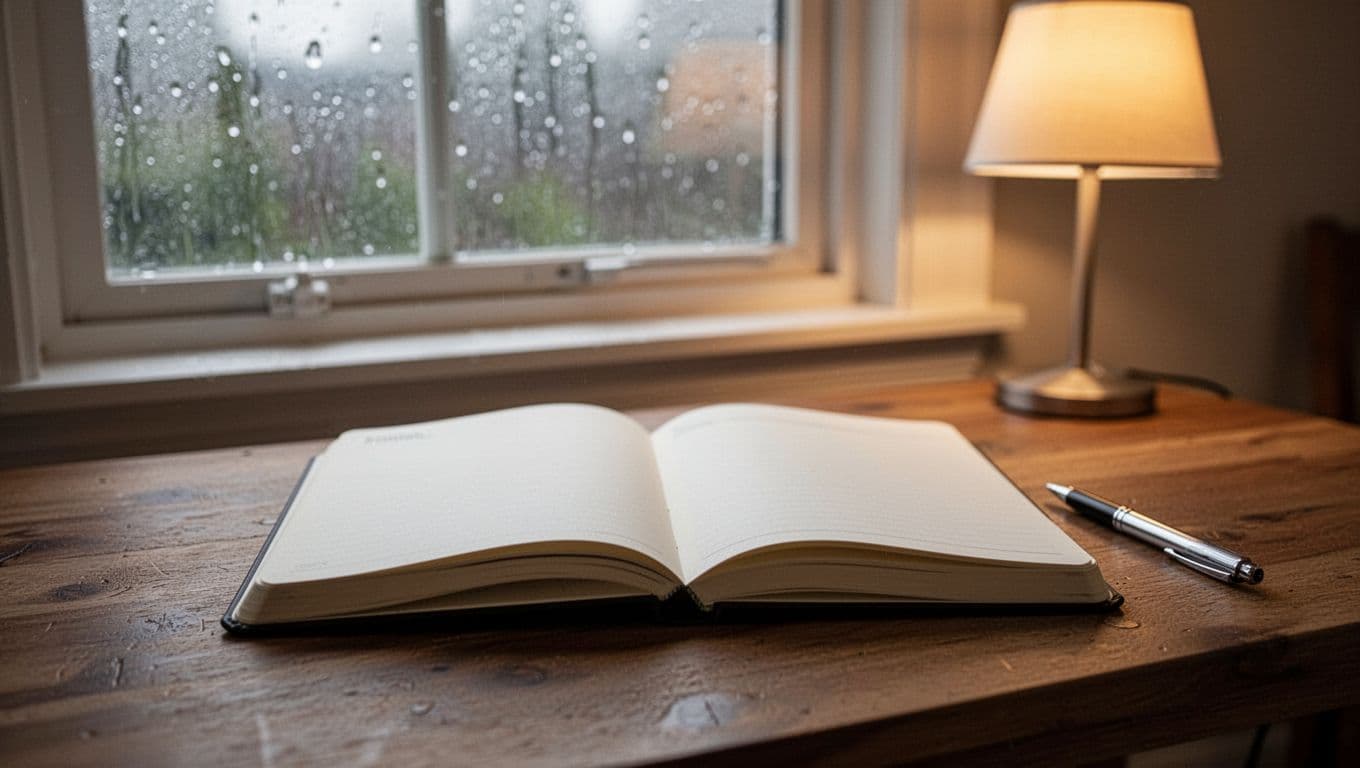 Open journal on wooden table in cozy room with rainy window view, pen beside it, warm lamp light.