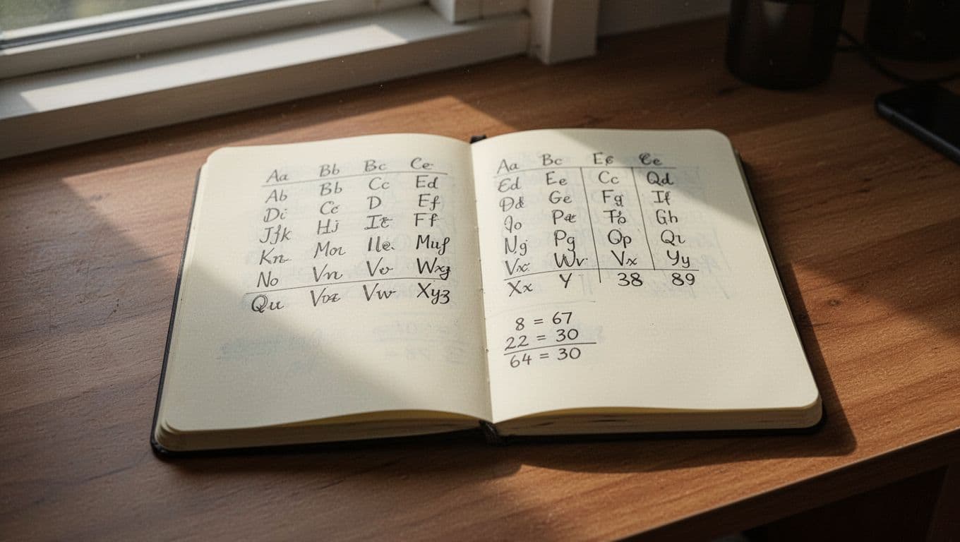 Open notebook on desk shows handwritten chart mapping letters A-I to 1-9, J-R to 1-9, S-Z to 1-8, and 'ALEX' as 1+3+5+6=15.