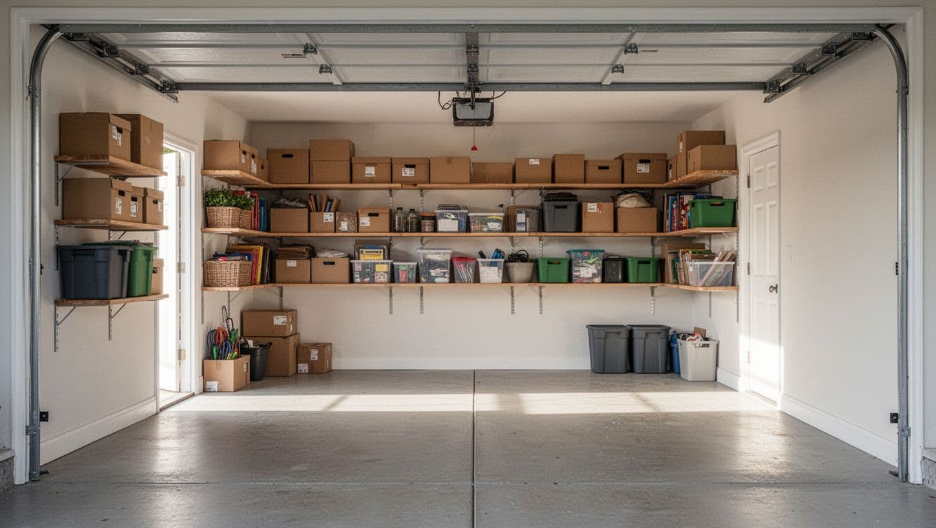Clean garage interior with neatly arranged shelves of boxes and bins, natural daylight from open door.