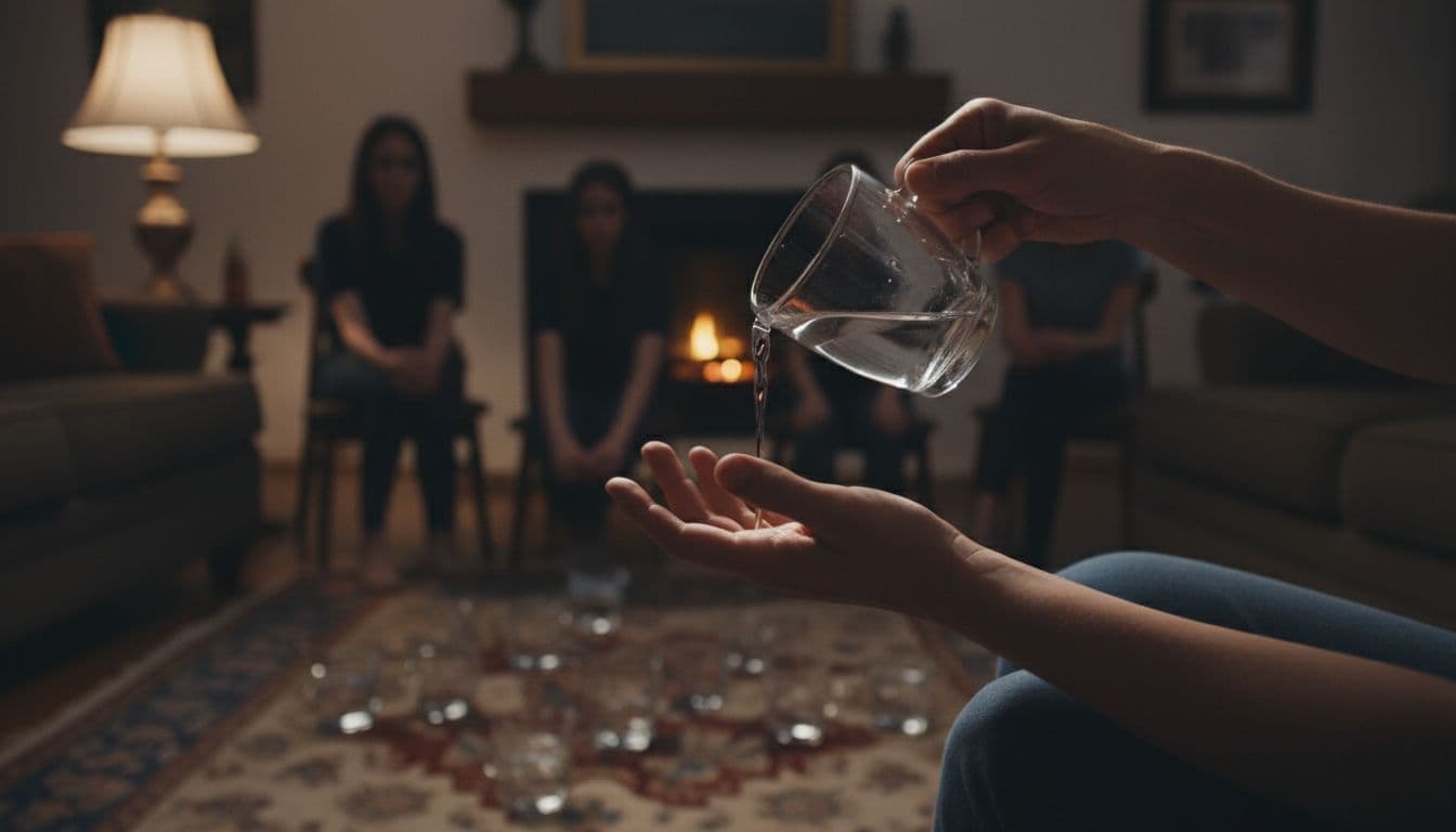 A weary adult pours water from a half-empty glass into overflowing cups held by indistinct background figures in a dimly lit living room, emphasizing exhaustion through soft lighting and shadows.