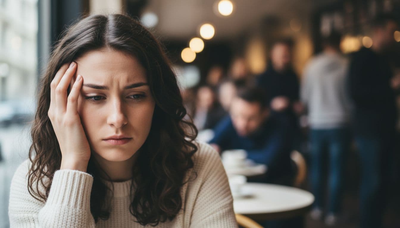 Young woman touches temple thoughtfully while sitting alone in crowded cafe with blurred people.