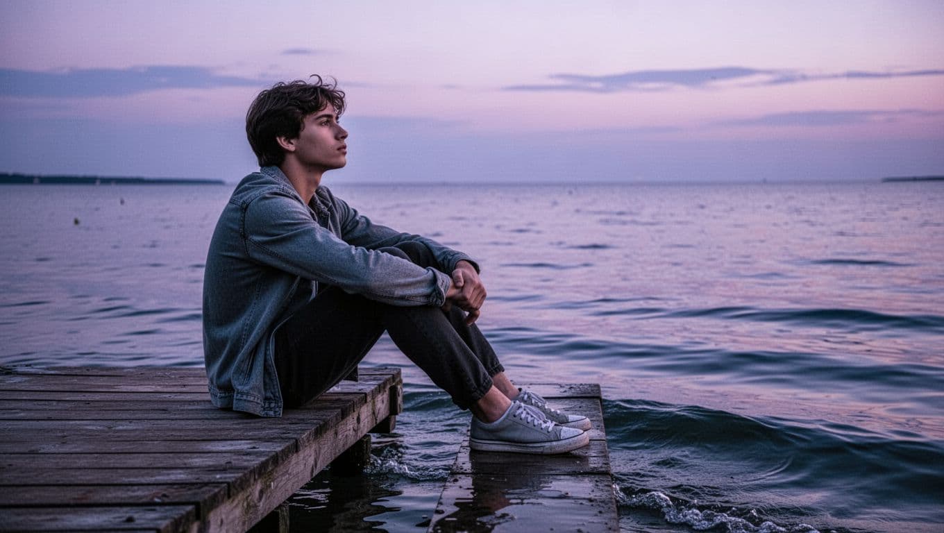 A young adult sits alone on a wooden dock over calm water at twilight, knees drawn up, gazing into the distance with a thoughtful overwhelmed expression amid soft purple and blue lighting and gentle waves.