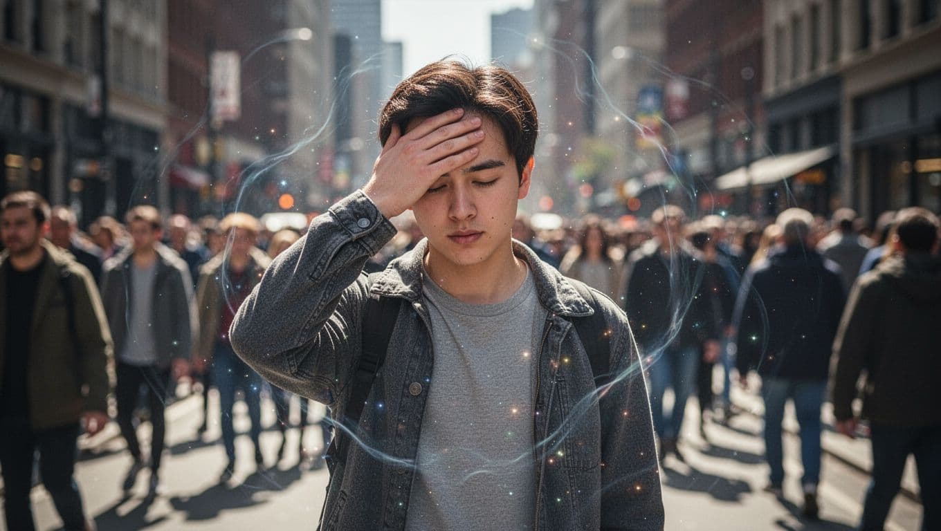 Young adult stands overwhelmed in daytime city crowd, hand near forehead, faint glowing energy waves around.