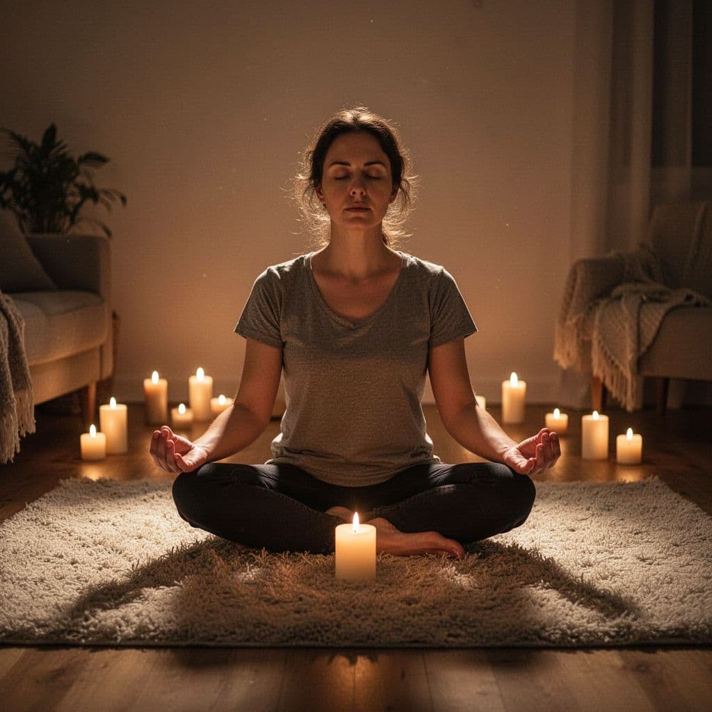 A single person sits cross-legged on a soft rug in a cozy room illuminated by warm candlelight, eyes closed in serene meditation with hands palms up on knees and a subtle glow.