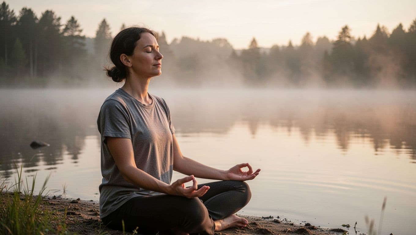 A single person sits calmly by a serene lake at dawn, eyes closed in meditation with hands on knees, in a peaceful setting with soft mist and gentle morning light, close-up on face and upper body.
