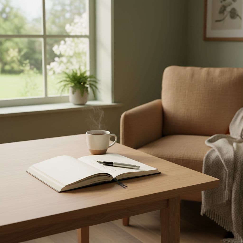 A notebook and pen rest on a wooden table beside a window with soft natural light.