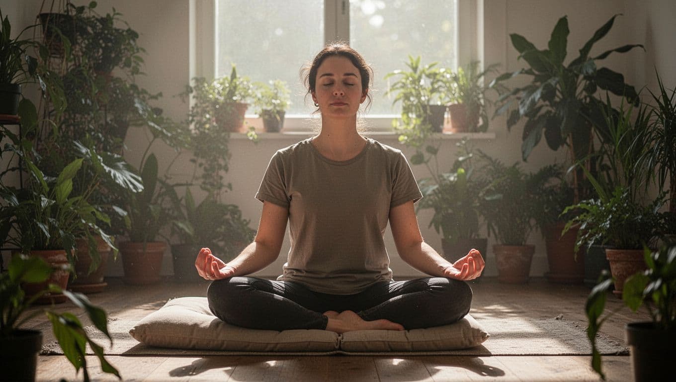 One person sits comfortably on a cushioned mat in a tranquil sunlit room with plants, eyes closed, hands resting loosely on lap with palms up, embodying a deep calm breathing pose as preparation for prayer.