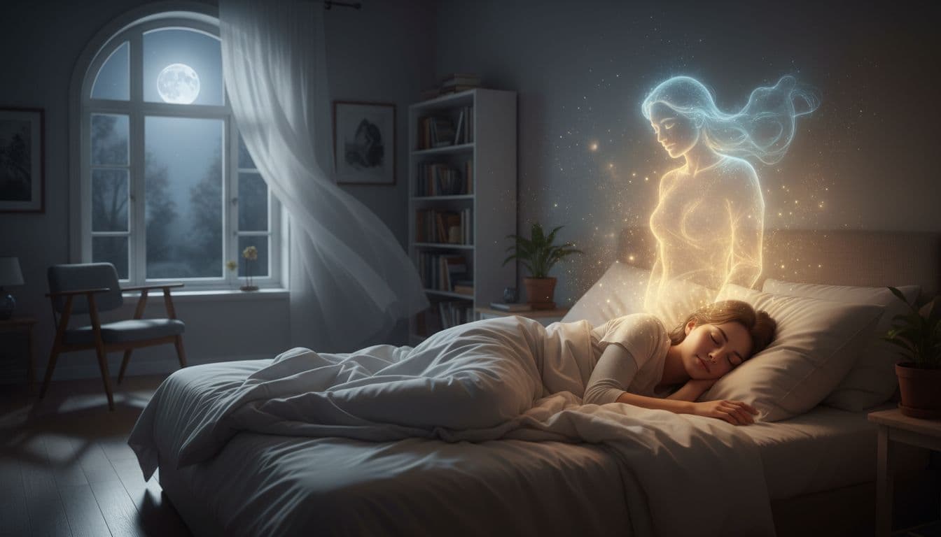 A single person sleeps peacefully in a cozy bed at night, with soft ethereal light suggesting a dream visit from a loved one, calm face with subtle smile in a moonlit room.