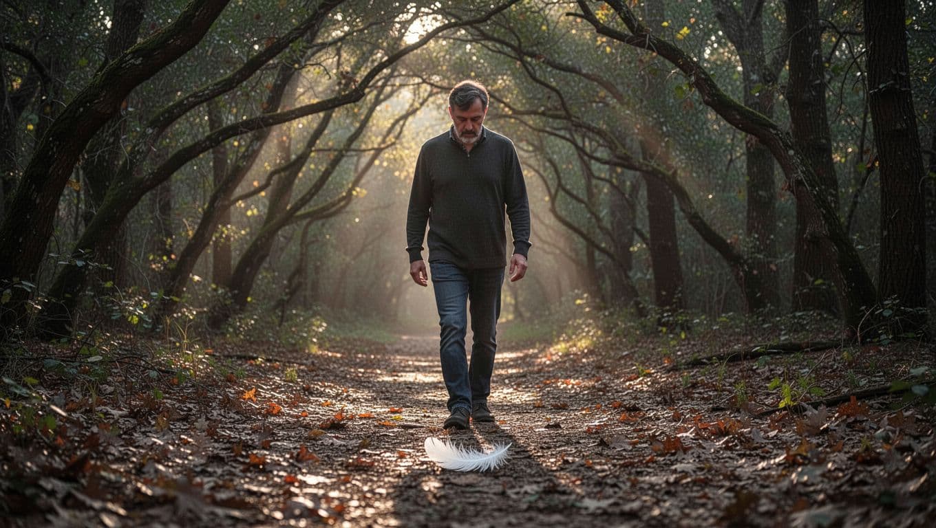 A serene adult walks a forest path at dawn, noticing a white feather on the ground and aligned tree branches forming subtle patterns, with a soft smile of recognition in diffused natural light.