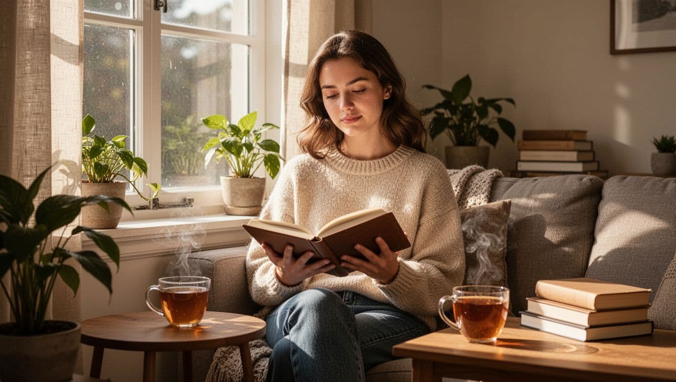 A young woman sits calmly by a window in a cozy living room with sunlight streaming in, holding a journal relaxedly with a cup of tea nearby, peaceful expression amid plants and books.