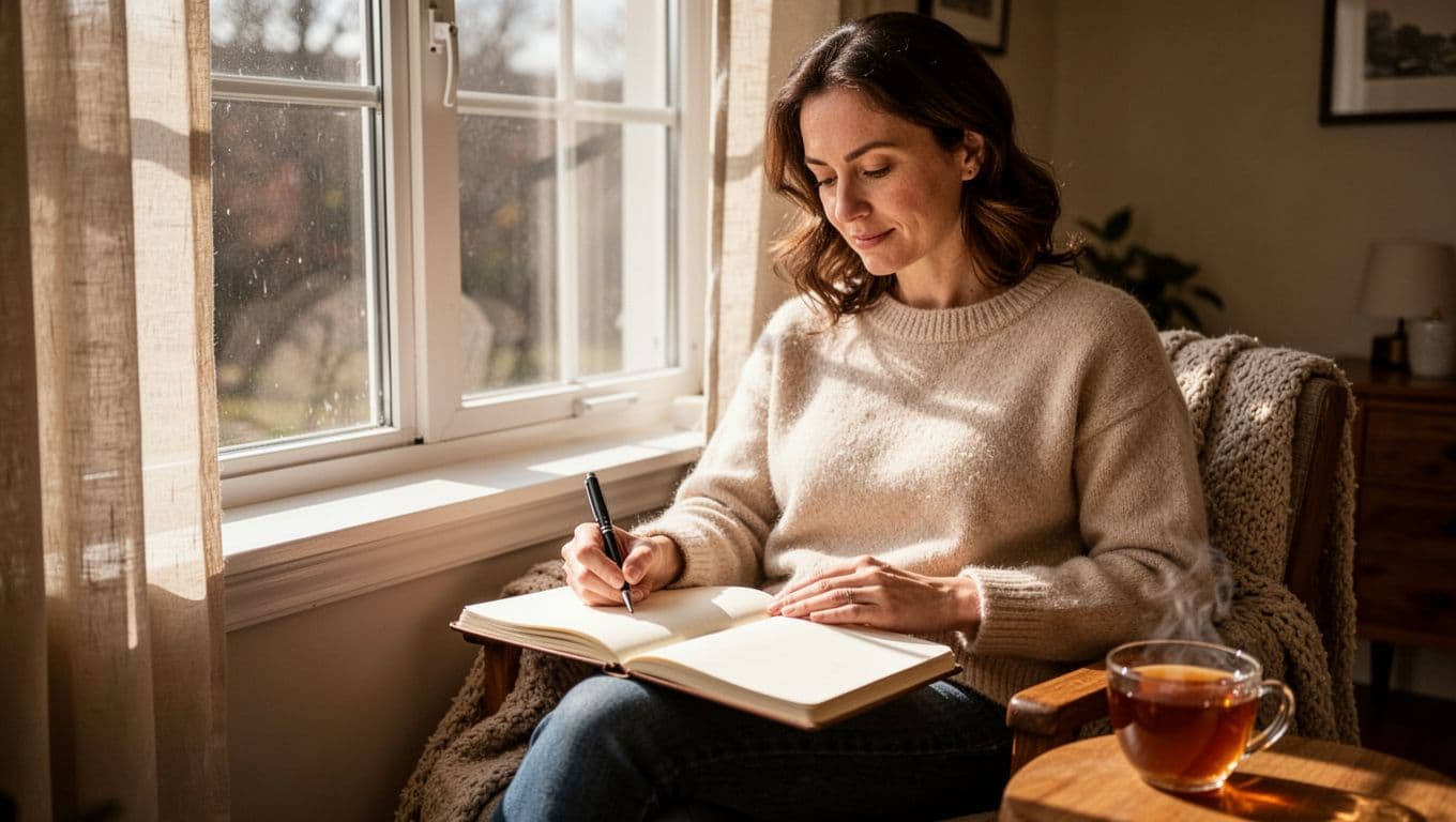 A woman journals peacefully by a sunlit window in a cozy room, with a notebook on her lap and a cup of tea nearby, her face showing calm focus and self-reflection in natural morning light.