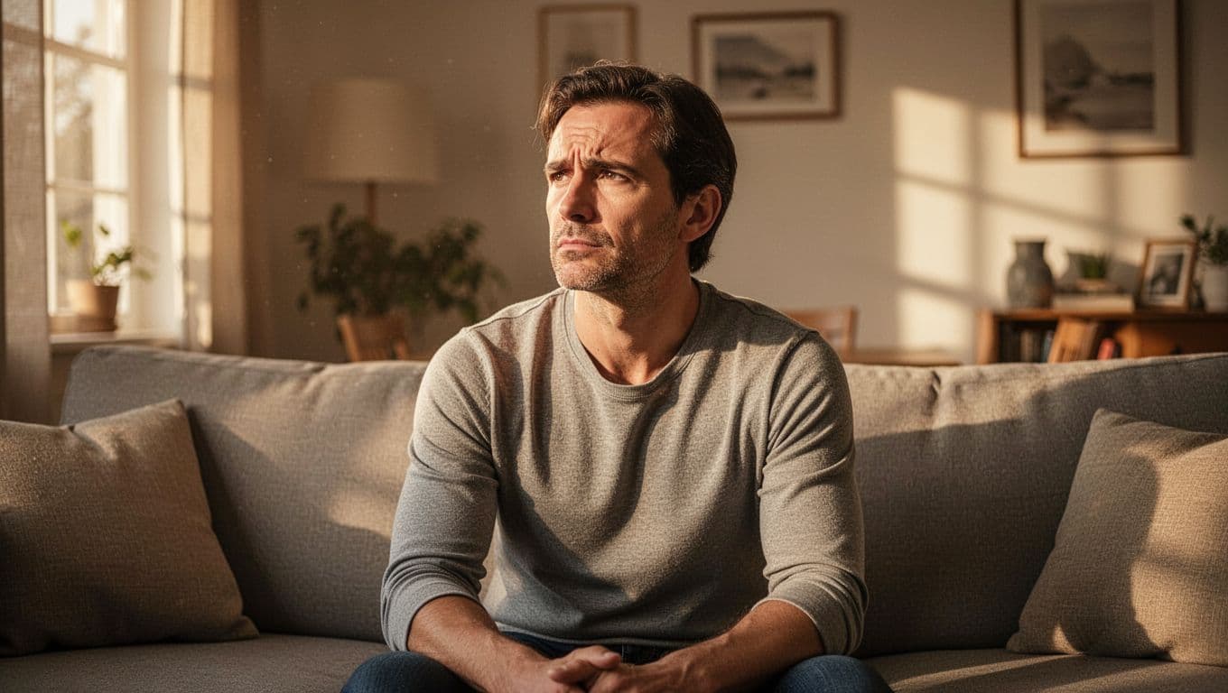 30s adult sits alone on living room couch with distant gaze, furrowed brow, and tense shoulders in soft light.