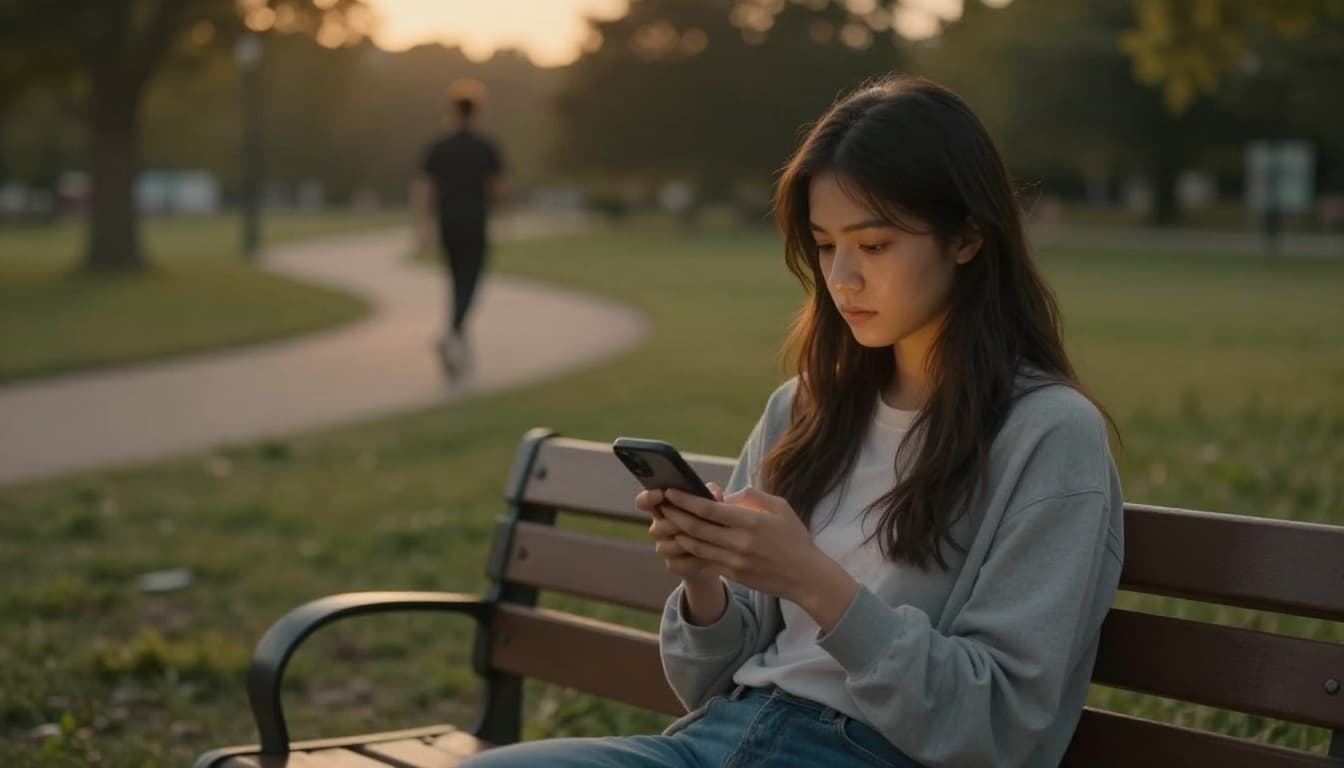 A young woman sits alone on a wooden bench in a quiet park at twilight, holding her phone with a pensive expression, staring into the distance as a faint silhouette of a man walks away.