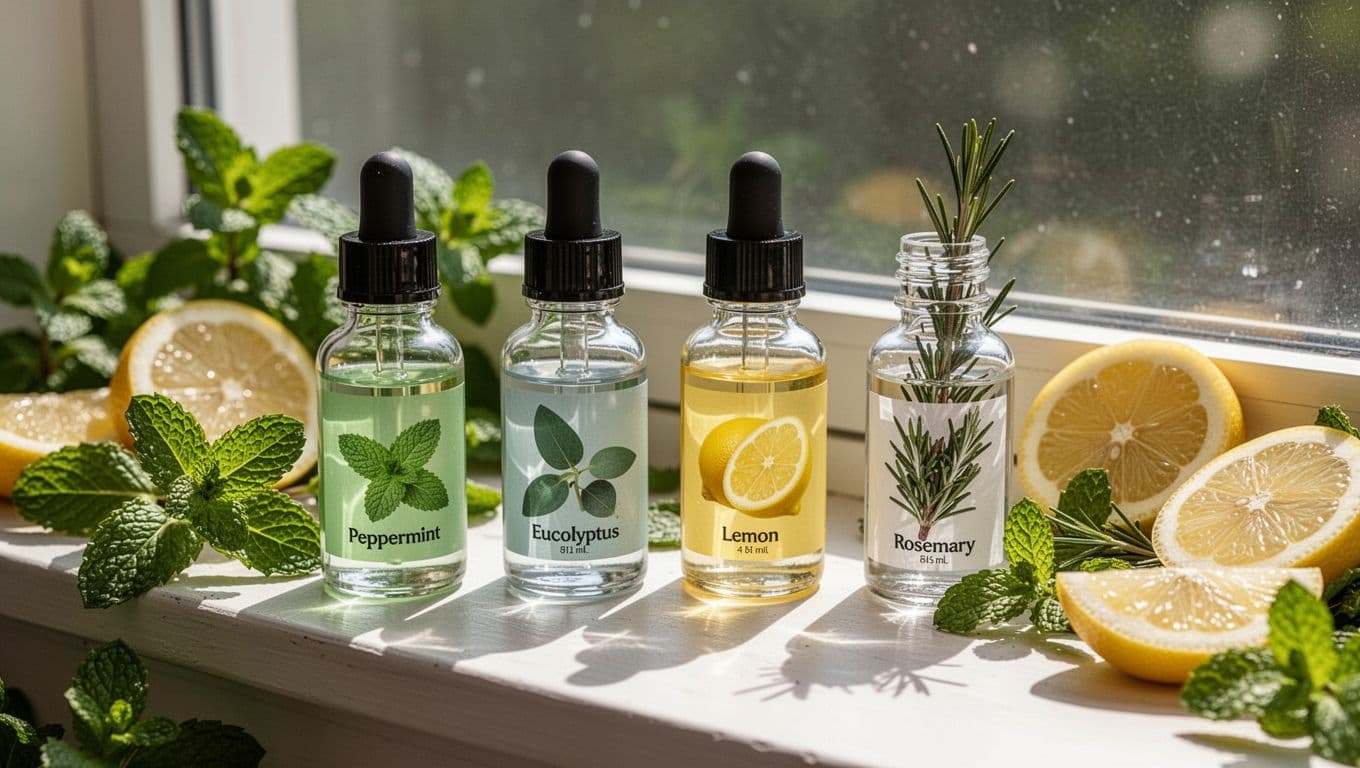 Bottles of peppermint, eucalyptus, lemon, and rosemary oils on a sunny windowsill with mint leaves and lemon slices.