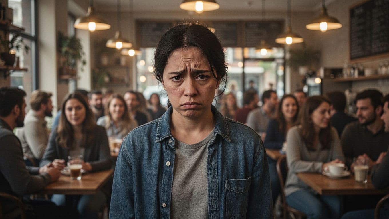 Single person stands in crowded cafe, face showing subtle sadness and tension amid blurred chatting crowd.